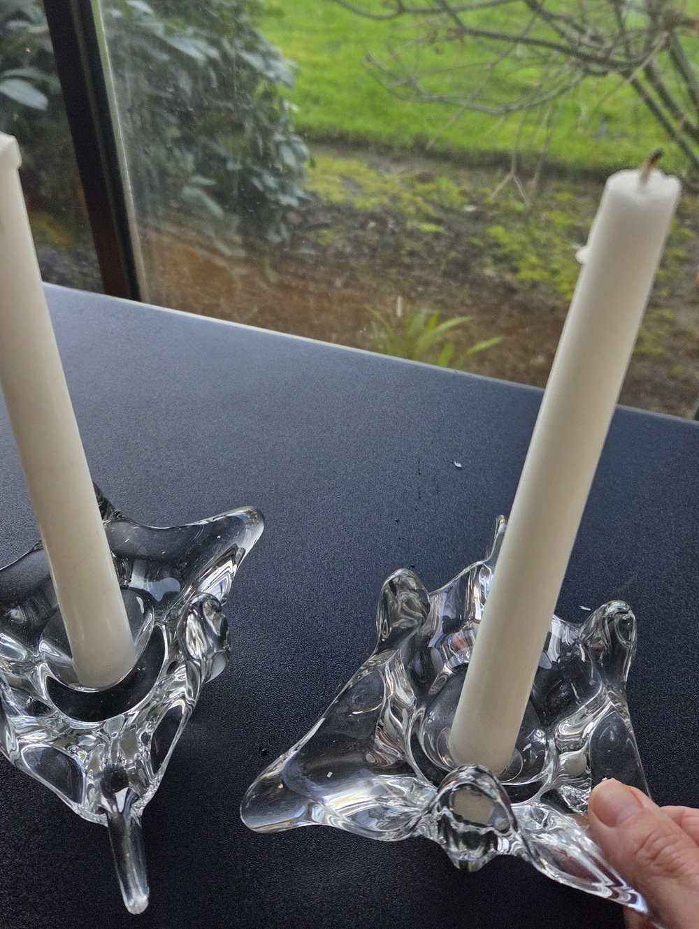 Unique Very Heavy Clear Glass Starburst Candle Holders Vintage